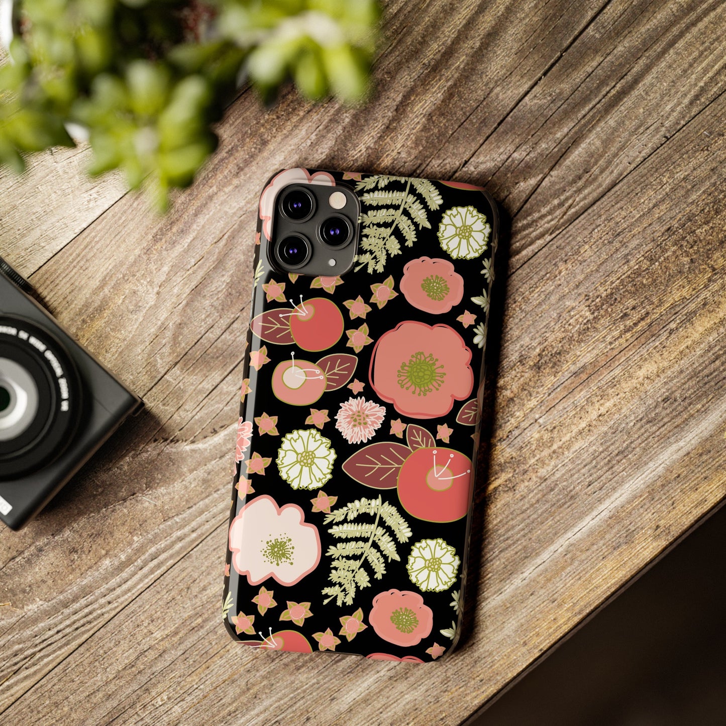 Coral Flowers on Black Slim Phone Cases