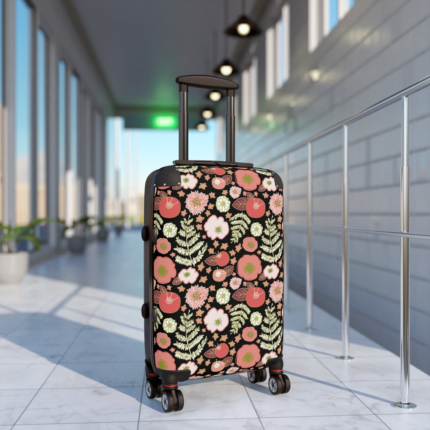 Coral Flowers on Black Suitcase