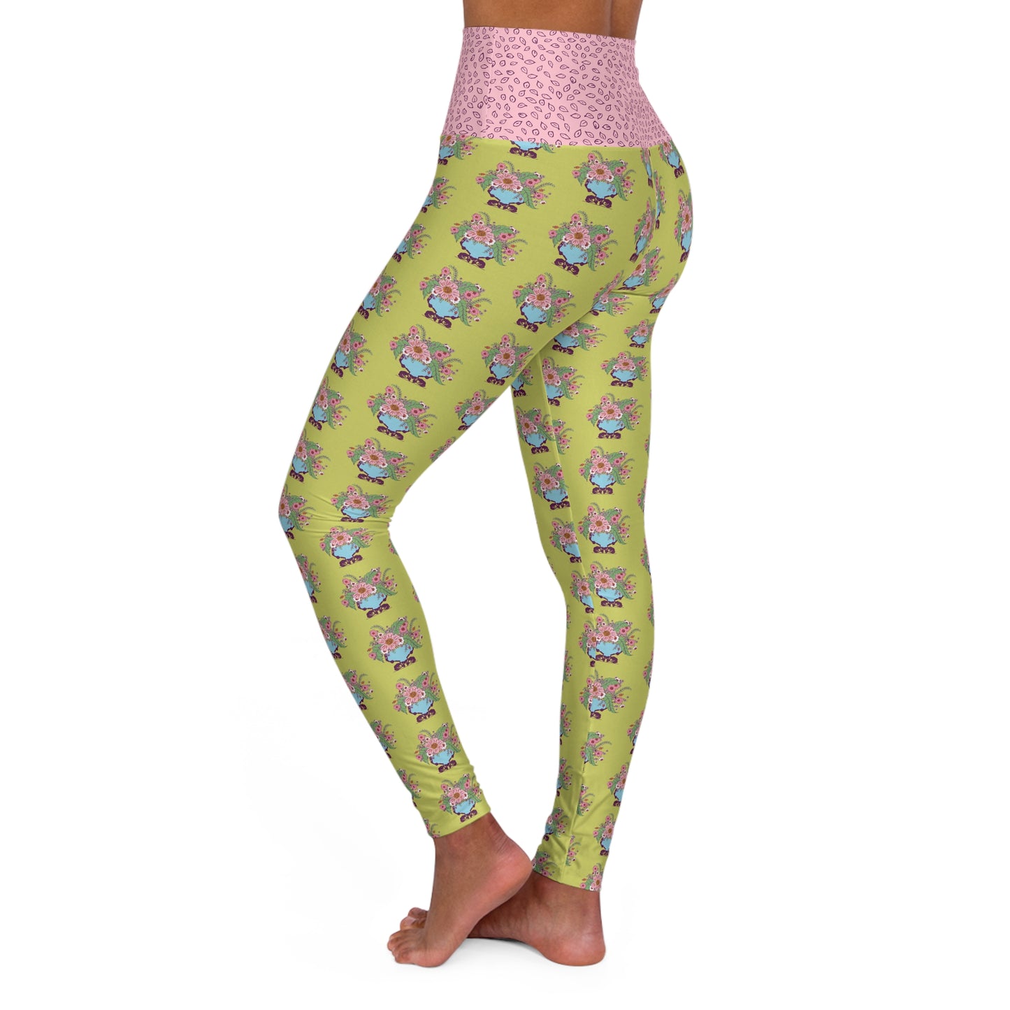 Cheerful Watercolor Flowers in Vase on Bright Green High Waisted Yoga Leggings