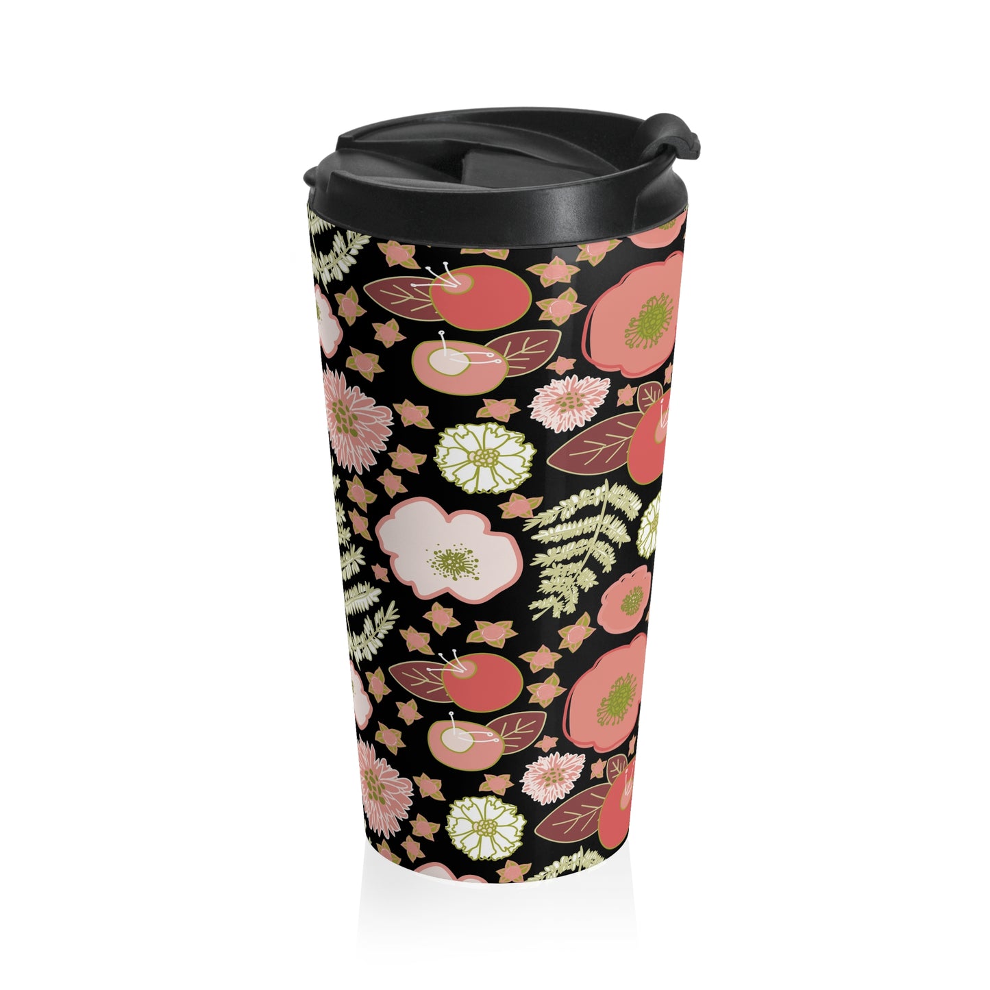 Coral Flowers on Black Stainless Steel Travel Mug