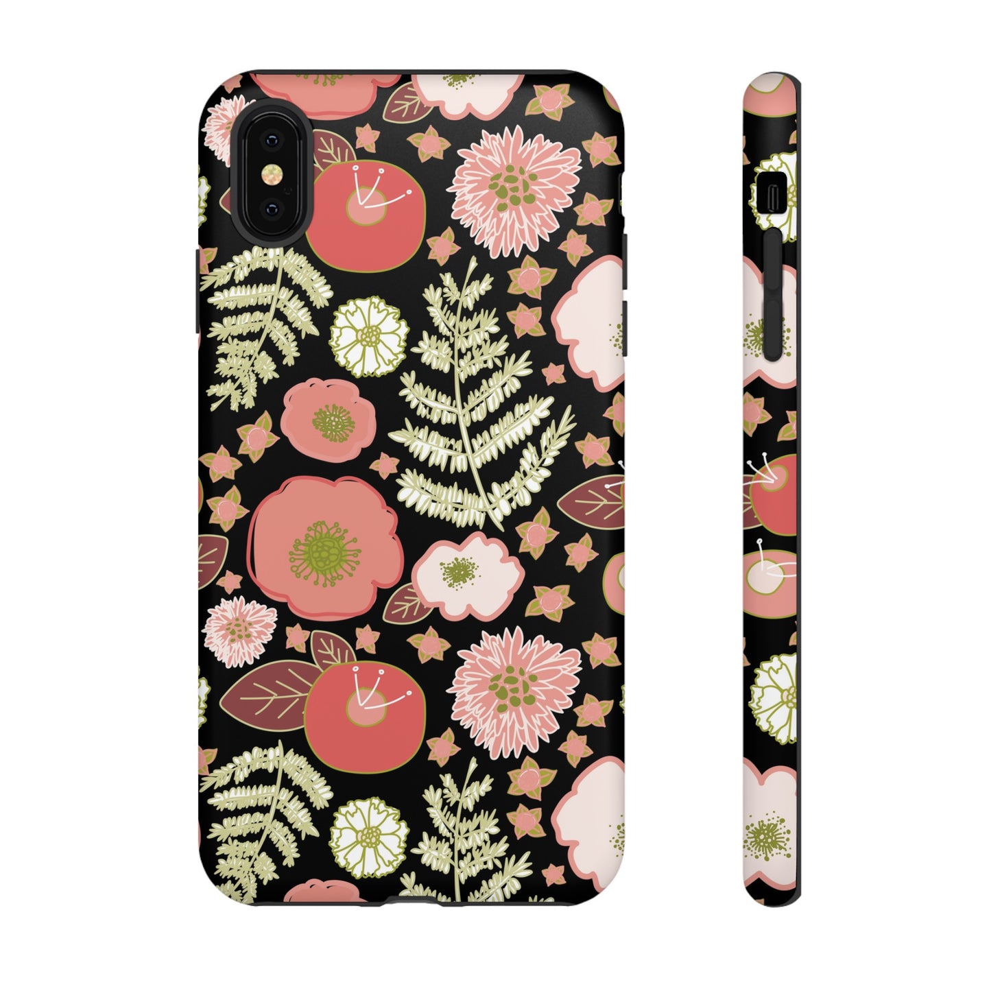 Coral Flowers on Black Tough Cases for iPhone