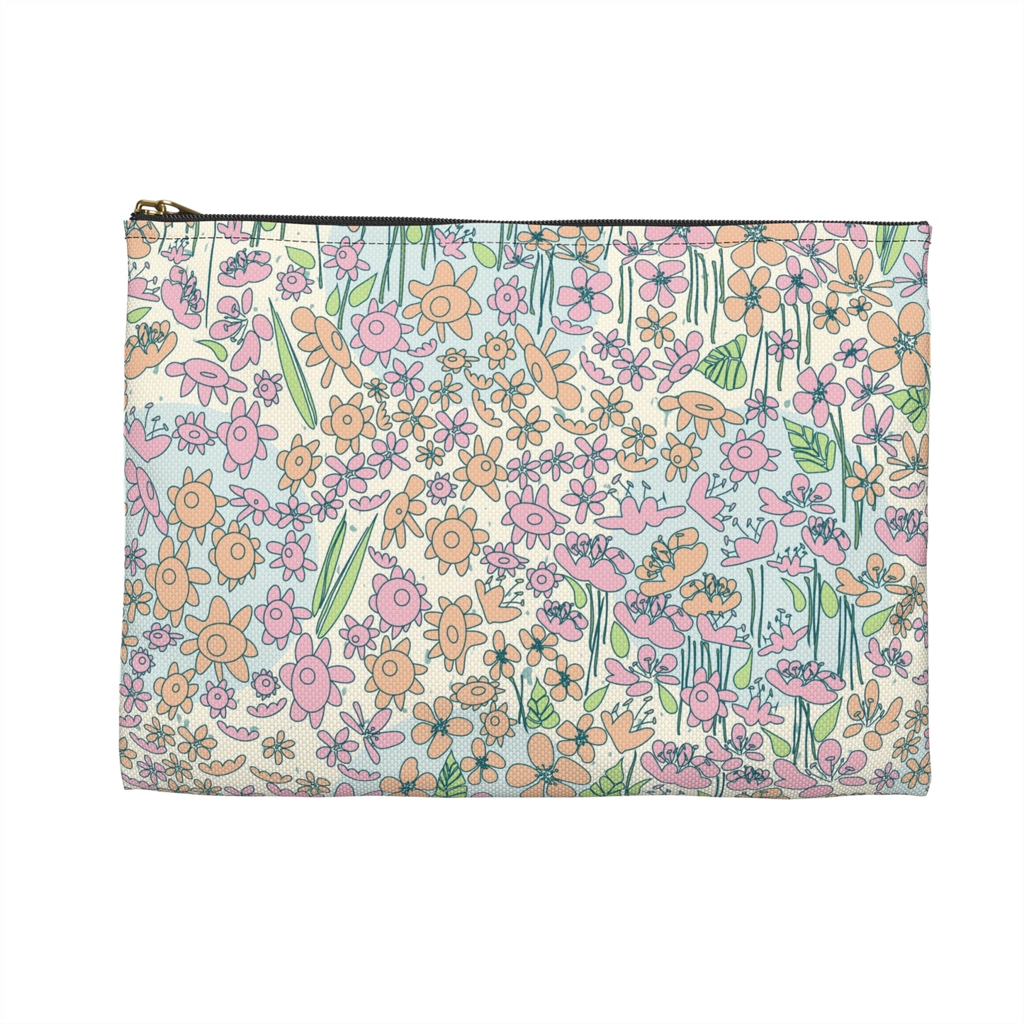 Orange and Pink Flowers on Blue Dot Accessory Pouch